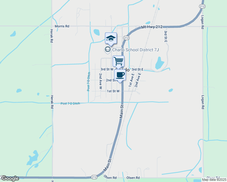 map of restaurants, bars, coffee shops, grocery stores, and more near 1-99 1st Avenue West in Charlo