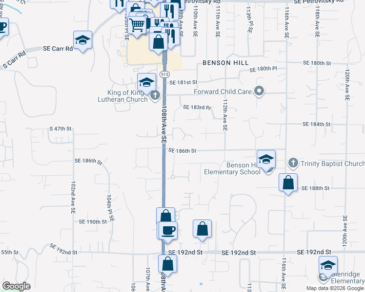 map of restaurants, bars, coffee shops, grocery stores, and more near 10903 Southeast 186th Street in Renton