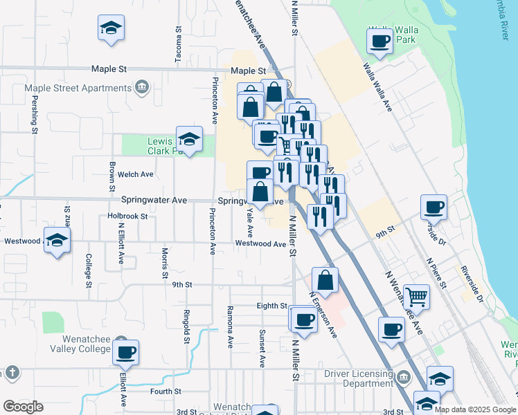 map of restaurants, bars, coffee shops, grocery stores, and more near 1041 Springwater Avenue in Wenatchee