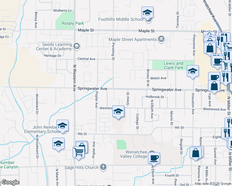 map of restaurants, bars, coffee shops, grocery stores, and more near 1514 Westwood Avenue in Wenatchee