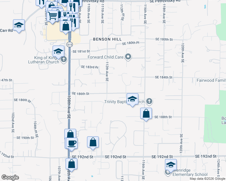 map of restaurants, bars, coffee shops, grocery stores, and more near 11203 Southeast 186th Street in Renton