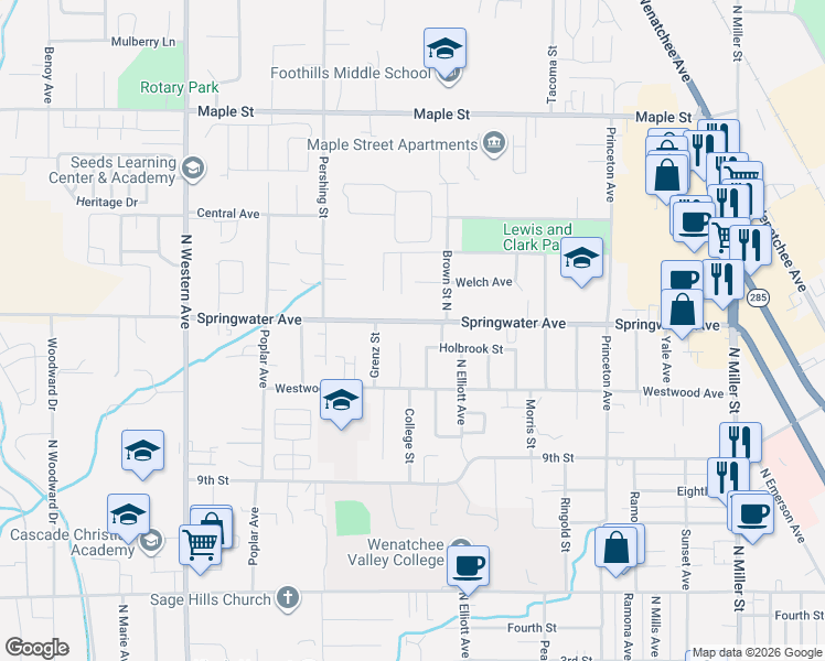 map of restaurants, bars, coffee shops, grocery stores, and more near 1014 Berg Avenue in Wenatchee