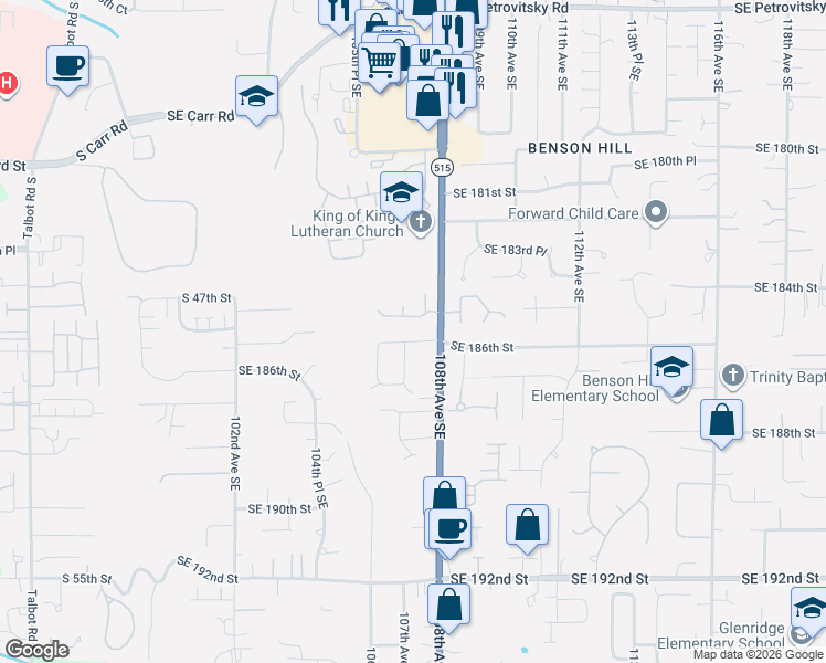 map of restaurants, bars, coffee shops, grocery stores, and more near 18615 108th Avenue Southeast in Renton