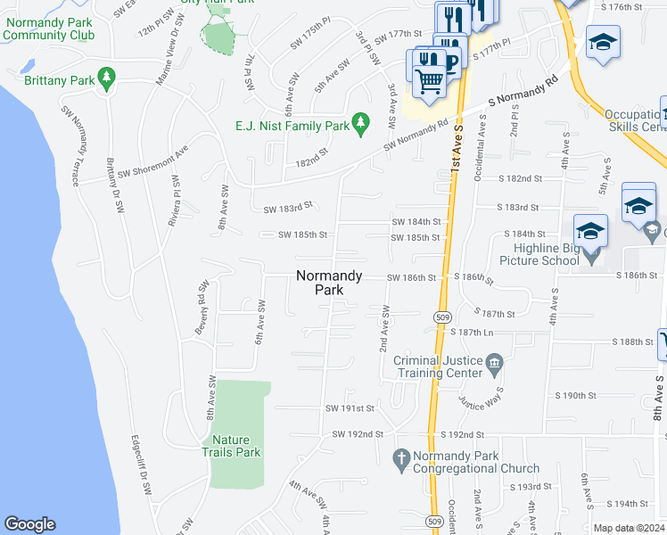 map of restaurants, bars, coffee shops, grocery stores, and more near in Normandy Park