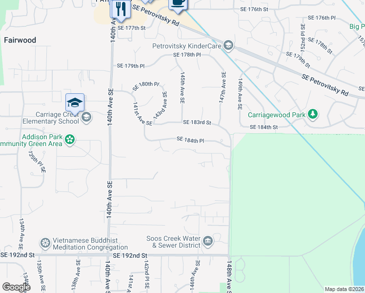 map of restaurants, bars, coffee shops, grocery stores, and more near 14420 Southeast 184th Place in Renton