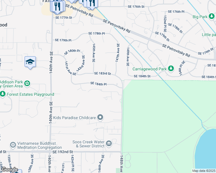map of restaurants, bars, coffee shops, grocery stores, and more near 14524 Southeast 184th Place in Renton