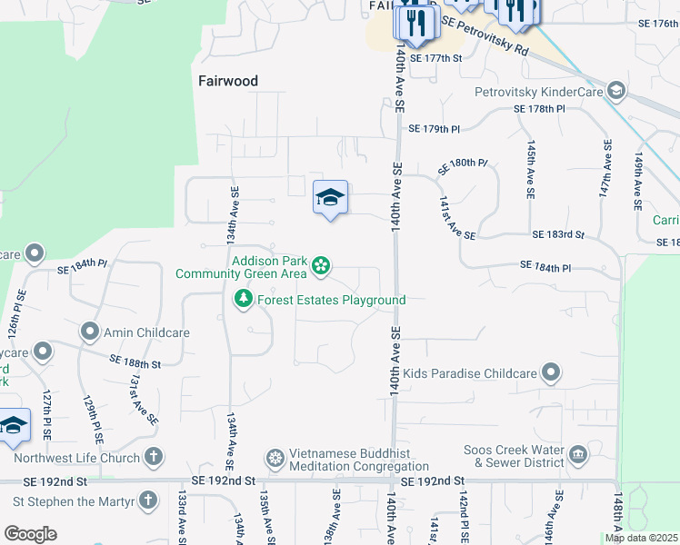 map of restaurants, bars, coffee shops, grocery stores, and more near 13744 Southeast 184th Place in Renton