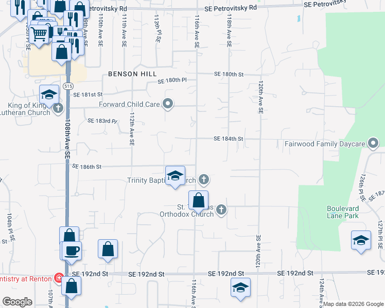 map of restaurants, bars, coffee shops, grocery stores, and more near 18515 115th Place Southeast in Renton