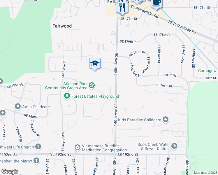 map of restaurants, bars, coffee shops, grocery stores, and more near 13824 Southeast 184th Place in Renton
