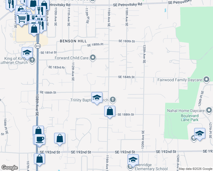 map of restaurants, bars, coffee shops, grocery stores, and more near 18515 115th Place Southeast in Renton