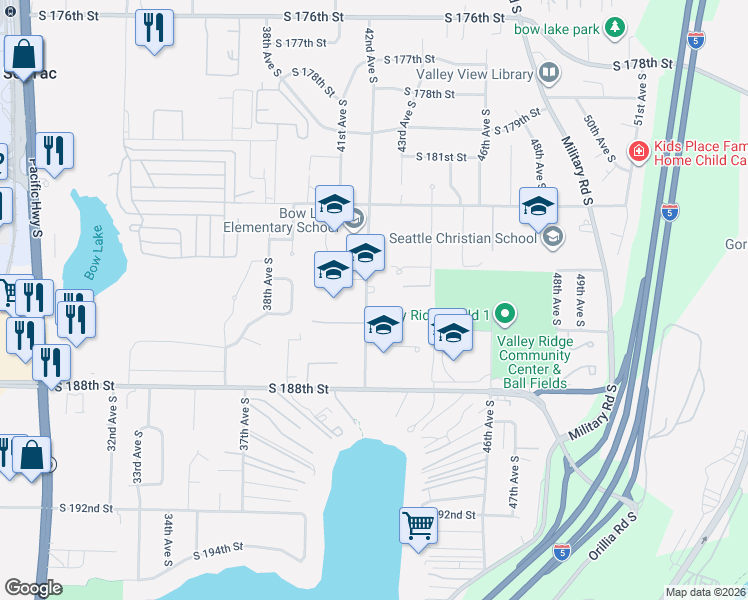 map of restaurants, bars, coffee shops, grocery stores, and more near 18414 42nd Avenue South in SeaTac