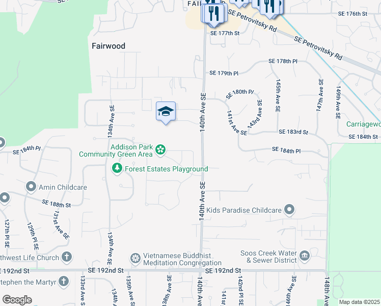 map of restaurants, bars, coffee shops, grocery stores, and more near 13824 Southeast 184th Place in Renton
