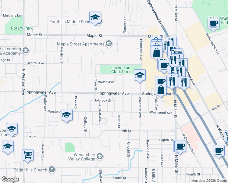 map of restaurants, bars, coffee shops, grocery stores, and more near 1304 Springwater Avenue in Wenatchee