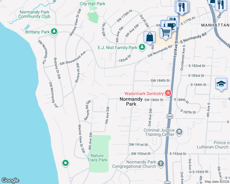 map of restaurants, bars, coffee shops, grocery stores, and more near 607 Southwest 185th Street in Normandy Park