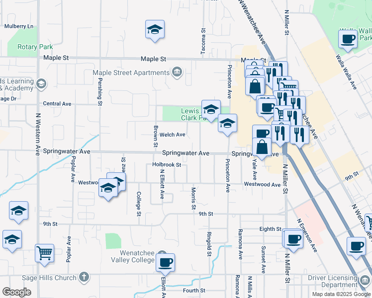 map of restaurants, bars, coffee shops, grocery stores, and more near 1304 Springwater Avenue in Wenatchee