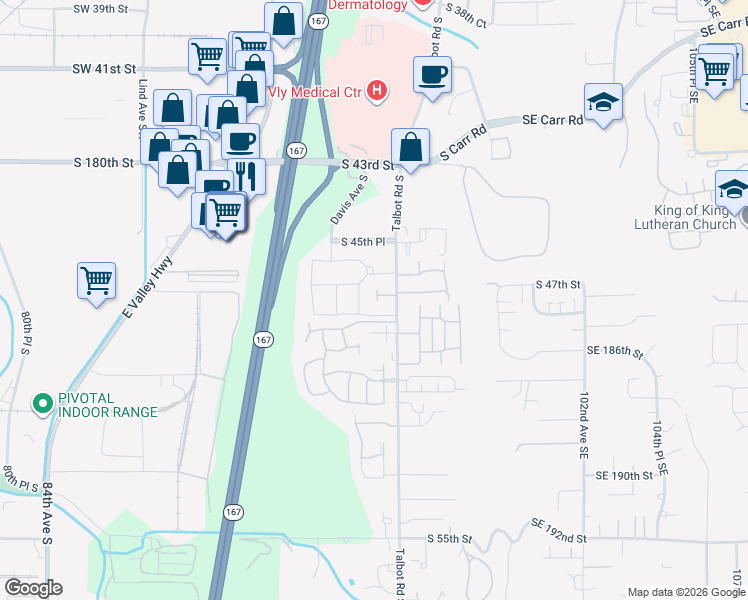 map of restaurants, bars, coffee shops, grocery stores, and more near 312A South 47th Street in Renton