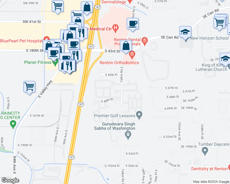 map of restaurants, bars, coffee shops, grocery stores, and more near 301 South 47th Street in Renton