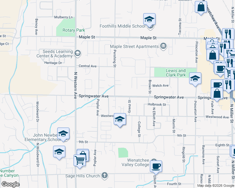 map of restaurants, bars, coffee shops, grocery stores, and more near 1532 Springwater Avenue in Wenatchee
