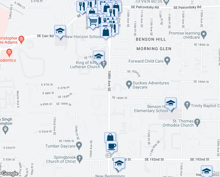 map of restaurants, bars, coffee shops, grocery stores, and more near 10815 Southeast 184th Lane in Renton