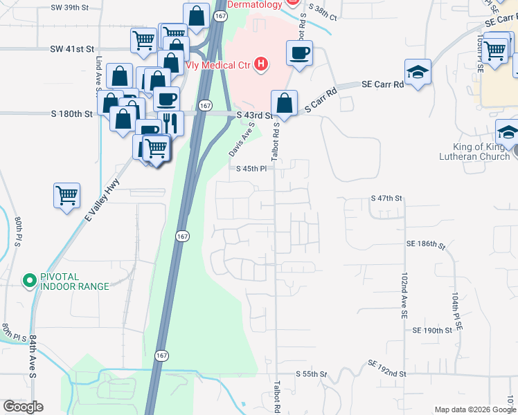 map of restaurants, bars, coffee shops, grocery stores, and more near 312A South 47th Street in Renton