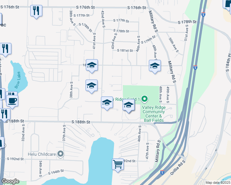 map of restaurants, bars, coffee shops, grocery stores, and more near 4241 South 184th Street in SeaTac