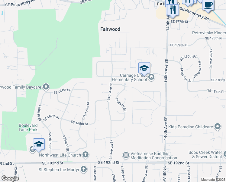 map of restaurants, bars, coffee shops, grocery stores, and more near 18427 135th Place Southeast in Renton