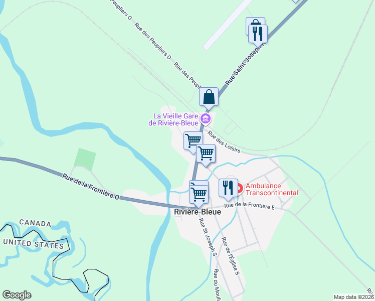 map of restaurants, bars, coffee shops, grocery stores, and more near 23 Rue des Pins Ouest in Rivière-Bleue