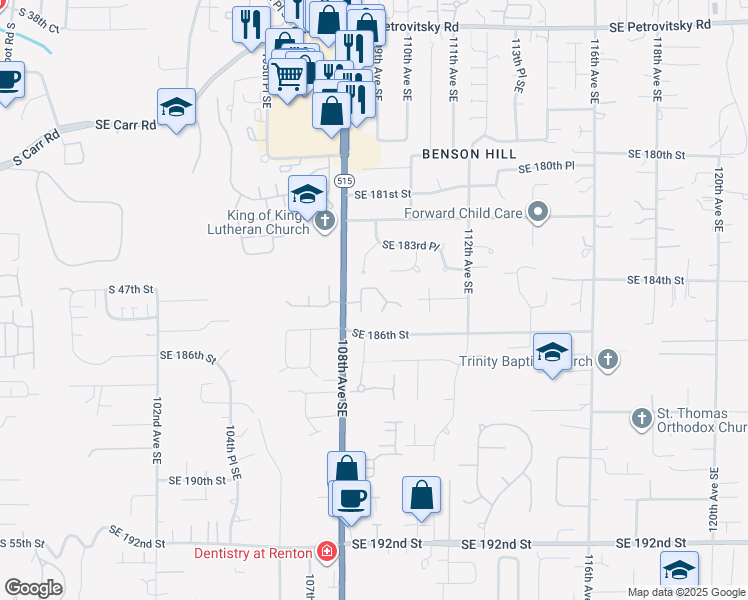 map of restaurants, bars, coffee shops, grocery stores, and more near 10804 Southeast 184th Lane in Renton