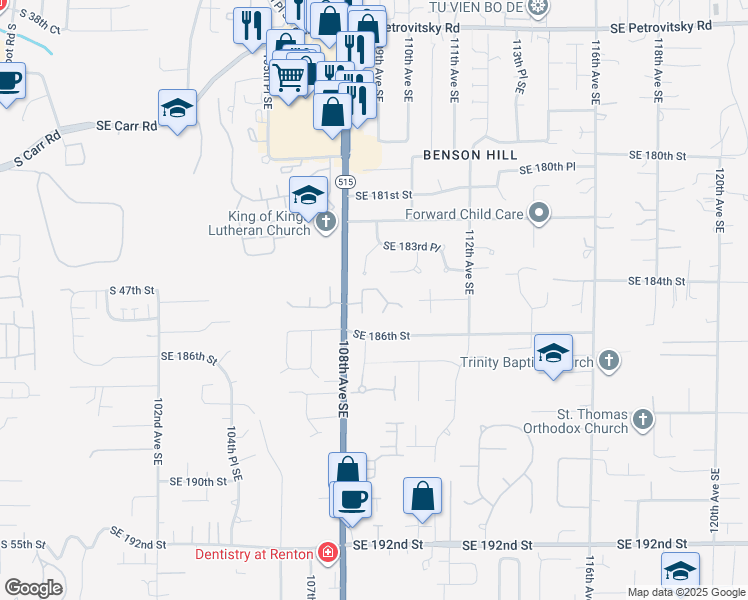 map of restaurants, bars, coffee shops, grocery stores, and more near 10804 Southeast 184th Lane in Renton