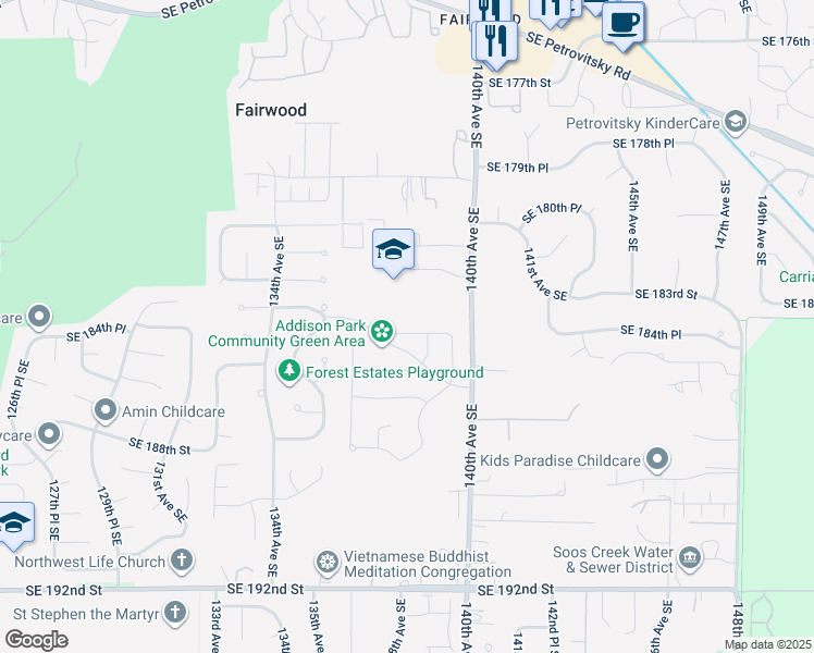 map of restaurants, bars, coffee shops, grocery stores, and more near 13744 Southeast 184th Place in Renton