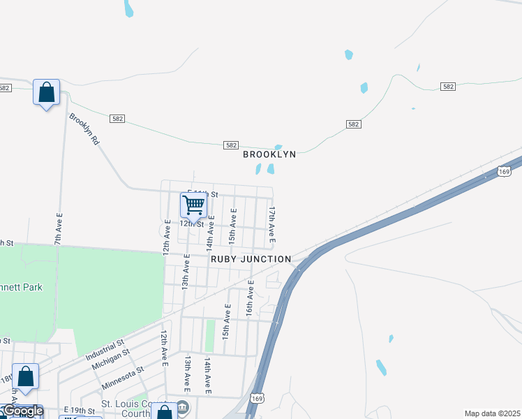 map of restaurants, bars, coffee shops, grocery stores, and more near 1112 16th Avenue East in Hibbing