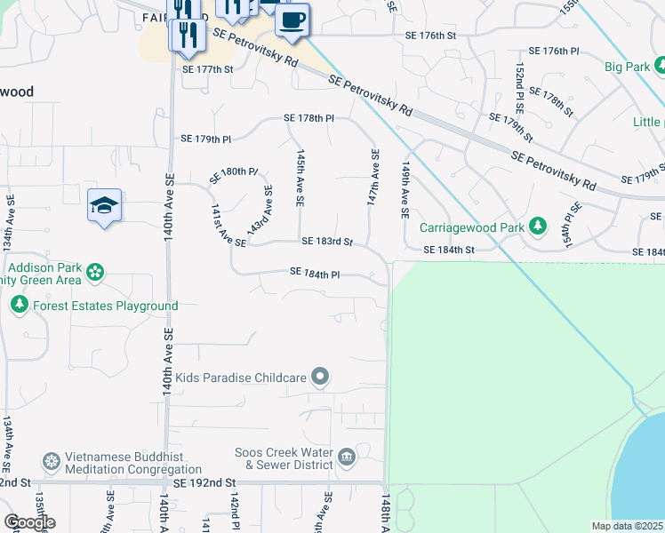 map of restaurants, bars, coffee shops, grocery stores, and more near 14524 Southeast 184th Place in Renton