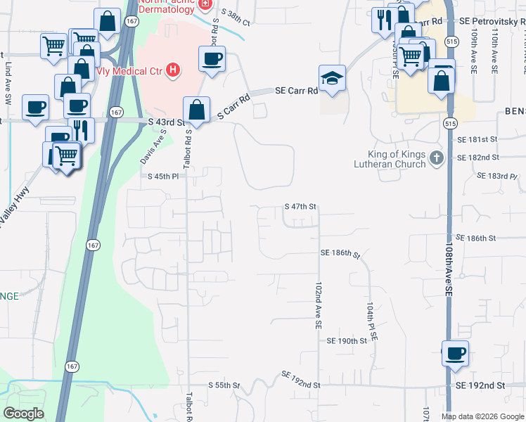 map of restaurants, bars, coffee shops, grocery stores, and more near 729 South 47th Street in Renton