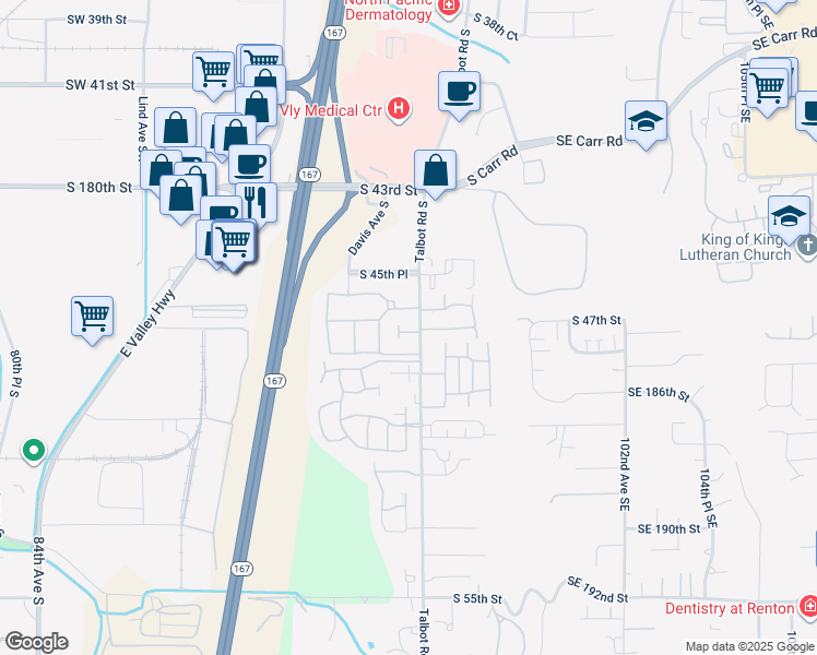 map of restaurants, bars, coffee shops, grocery stores, and more near 312A South 47th Street in Renton