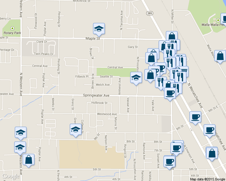 map of restaurants, bars, coffee shops, grocery stores, and more near 1304 Springwater Avenue in Wenatchee