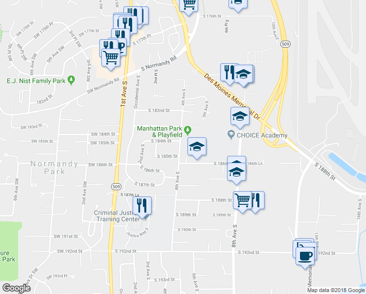 map of restaurants, bars, coffee shops, grocery stores, and more near 18412 4th Avenue South in Burien