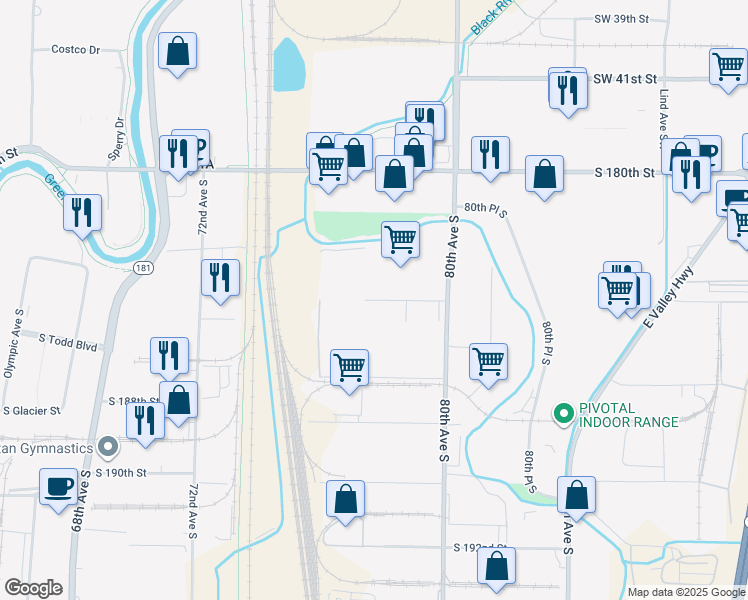map of restaurants, bars, coffee shops, grocery stores, and more near South 184th Street in Kent