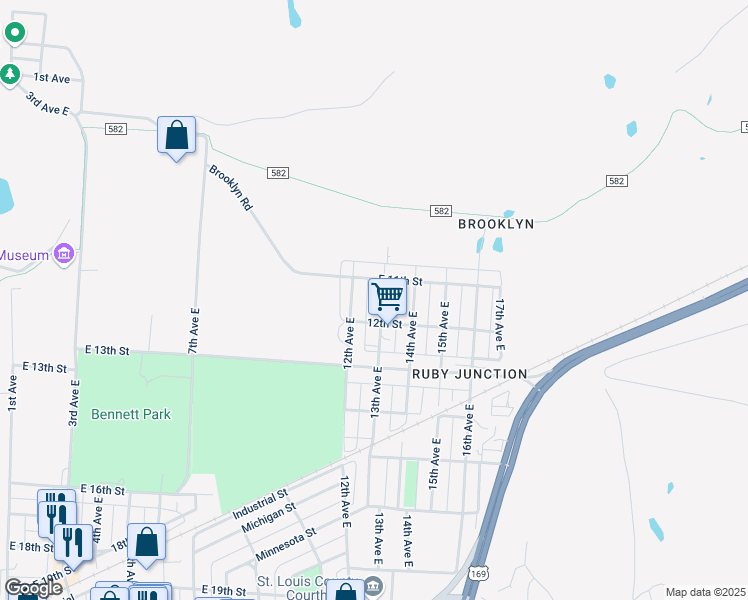 map of restaurants, bars, coffee shops, grocery stores, and more near 1113 13th Avenue East in Hibbing