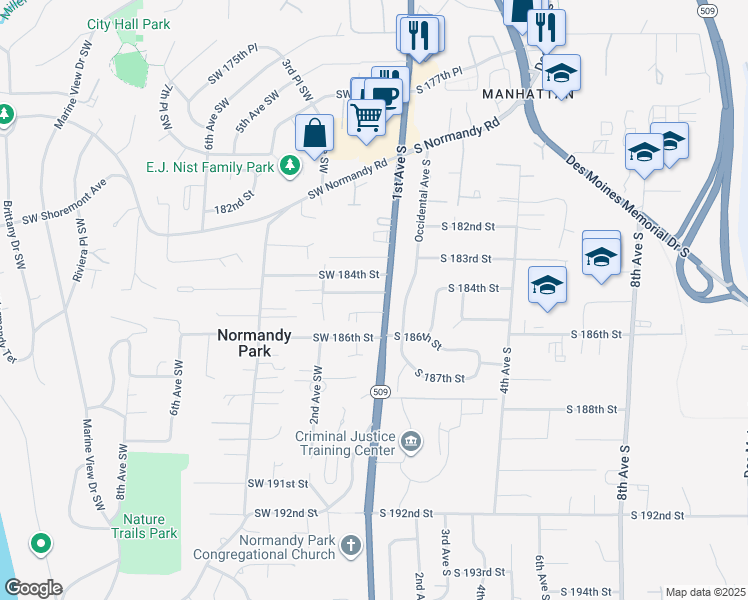 map of restaurants, bars, coffee shops, grocery stores, and more near 111 Southwest 185th Street in Normandy Park