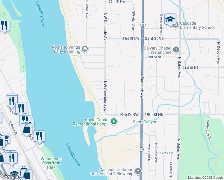 map of restaurants, bars, coffee shops, grocery stores, and more near 2017 Northwest Cascade Avenue in East Wenatchee