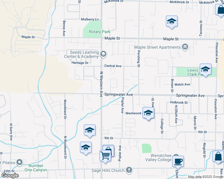map of restaurants, bars, coffee shops, grocery stores, and more near 1102 Foothills Lane in Wenatchee