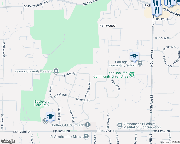map of restaurants, bars, coffee shops, grocery stores, and more near 13038 Southeast 184th Place in Renton