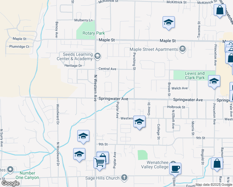 map of restaurants, bars, coffee shops, grocery stores, and more near 1104 Poplar Avenue in Wenatchee