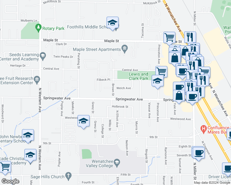 map of restaurants, bars, coffee shops, grocery stores, and more near 1107 Brown Street North in Wenatchee
