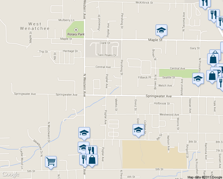 map of restaurants, bars, coffee shops, grocery stores, and more near 1615 Gardiner St in Wenatchee