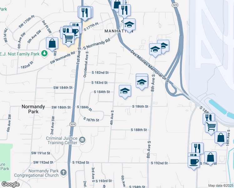 map of restaurants, bars, coffee shops, grocery stores, and more near 18412 4th Avenue South in Burien