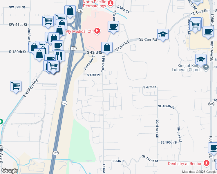 map of restaurants, bars, coffee shops, grocery stores, and more near 425 South 46th Place in Renton