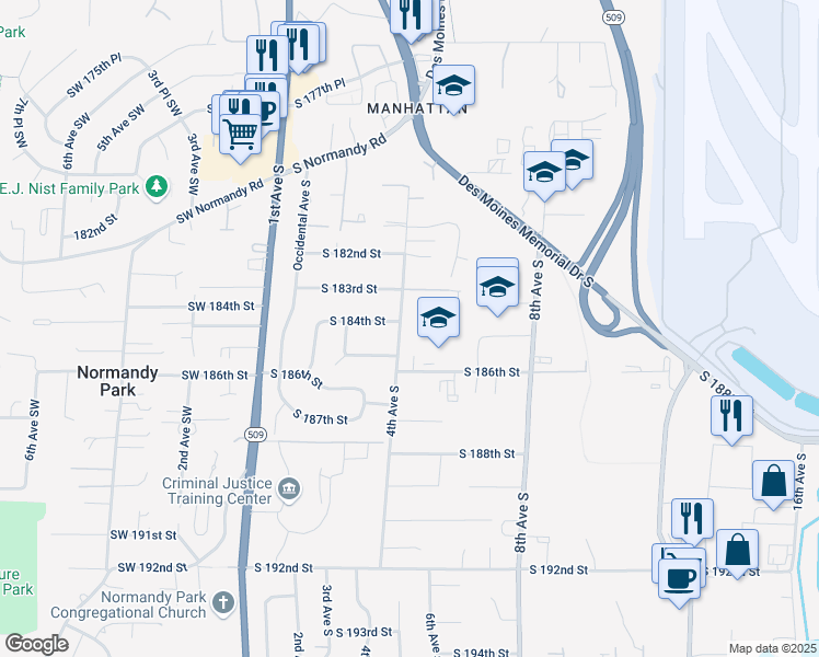 map of restaurants, bars, coffee shops, grocery stores, and more near 18412 4th Avenue South in Burien