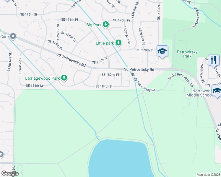 map of restaurants, bars, coffee shops, grocery stores, and more near 15819 Southeast 184th Street in Renton