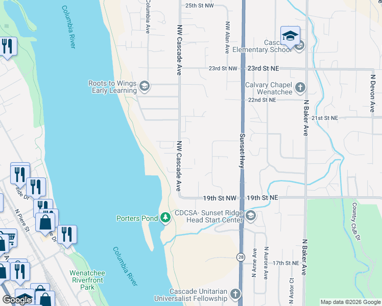 map of restaurants, bars, coffee shops, grocery stores, and more near 2017 Northwest Cascade Avenue in East Wenatchee